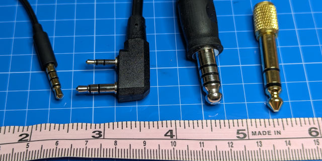 A 3.5mm TRRS, Kenwood K1, U-174, and 1/4in audio connector